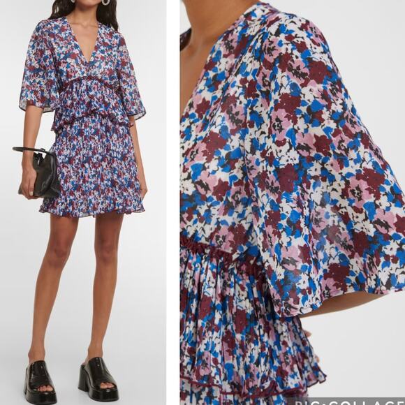 NWT Ganni Pleated Georgette Mini Dress Multi-Color Flounce V-Neck NEW sz 36 - Picture 1 of 16